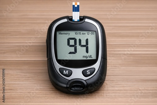 A close-up view of a cell phone on a table, perfect for use in articles about technology, daily life, or as a design element glucometer. Blood sugar measurement.