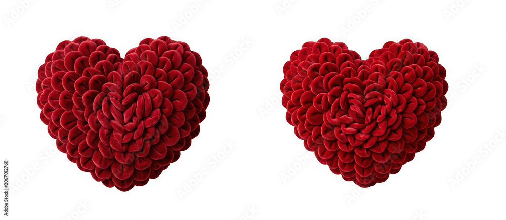 Obraz premium Two red velvet heartshaped pillows with a textured petal design isolated on transparent background