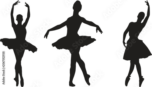 Fotografía Elegant black silhouettes of three graceful ballerinas performing classical danc