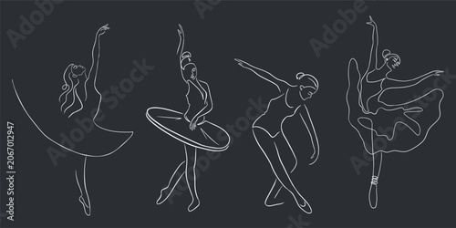 Cuadro en lienzo Elegant ballerinas captured in fluid white continuous line art poses set against