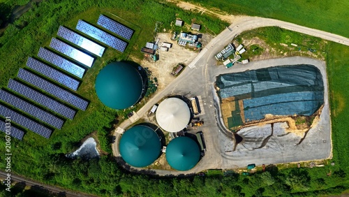 Obraz na płótnie Aerial View of Solar Farm and Biogas Storage Domes in Germany