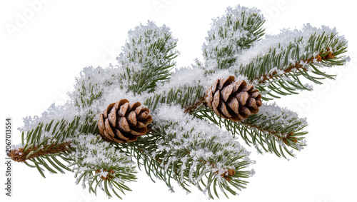 Obraz na plátně Isolated fir branch with two pine cones covered in fresh snow and delicate ice c