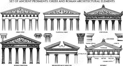 Ancient pediments. Greek and roman architecture temple facade with ancient pillars vector illustration set. Antique architectural pediments elements