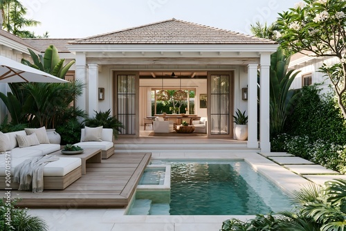 Troicla moder pool near the house. Luxury Tropical Modernism villa with concrete and wood elements, lush jungle greenery, and a sparkling swimming pool. Premium exotic residential architecture design.
