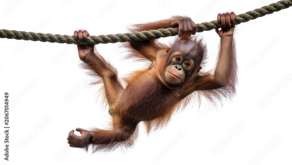 Fototapeta premium Isolated cute baby orangutan hanging playfully on a rope with a sweet expression