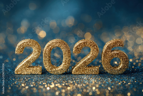 Sparkling golden 2026 digits placed on a dark blue textured surface with blurred bokeh lights creating a festive atmosphere for the new year event