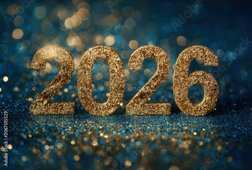 The year 2026 written in large golden glittery numbers against a dark blue background, with sparkling bokeh, lights and golden, particles floating