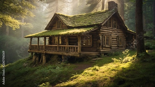 A rustic log cabin nestled in a deep forest