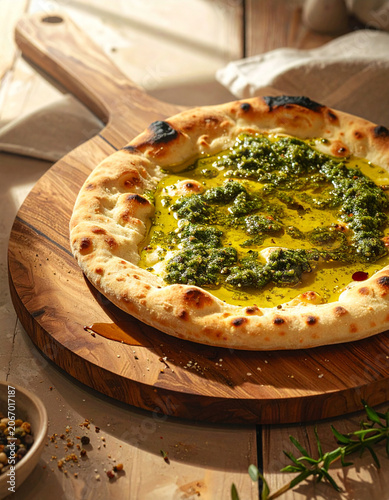 Golden brown manakish flatbread topped with a thick layer of green zaatar and olive oil on wooden peel.