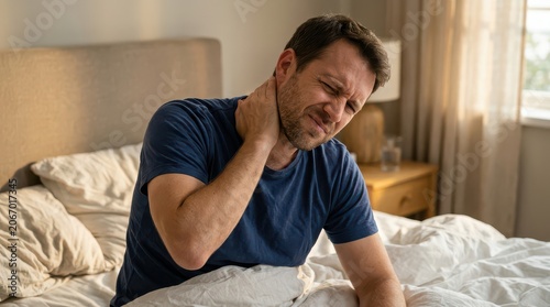 Man waking up in bed with neck pain discomfort