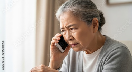 A close-up of an elderly Asian woman talking on her smartphone with a worried expression. Hearing loss, poor phone sound, dementia, and the elderly.