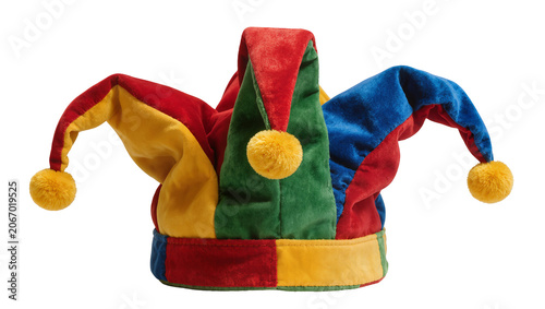 Fotografía Isolated vibrant multi-colored jester hat with soft pom-poms, fun festive costum