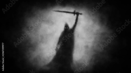 Scary knight ghost with sword in smoke. Gloomy ancient warrior silhouette. Horror fantasy genre. Dark spirit cave. Animated video clip. Creepy short film for spooky Halloween and  Vj loops.