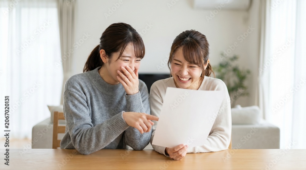 Fototapeta premium Two young women laughing heartily while looking at a document together indoors