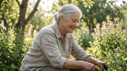 Elderly woman gardening outdoors in sunlight with plants and flowers