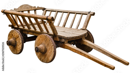 Tableau sur toile Isolated old rustic wooden farm cart on wheels, traditional historical agricultu