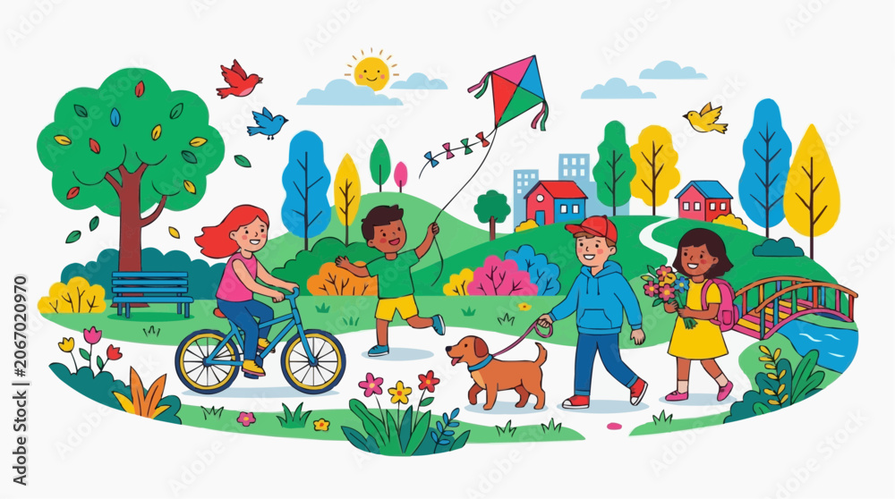 Fototapeta premium Diverse children enjoying a sunny day in a park with a dog, kite, and bicycle Isolated on white background