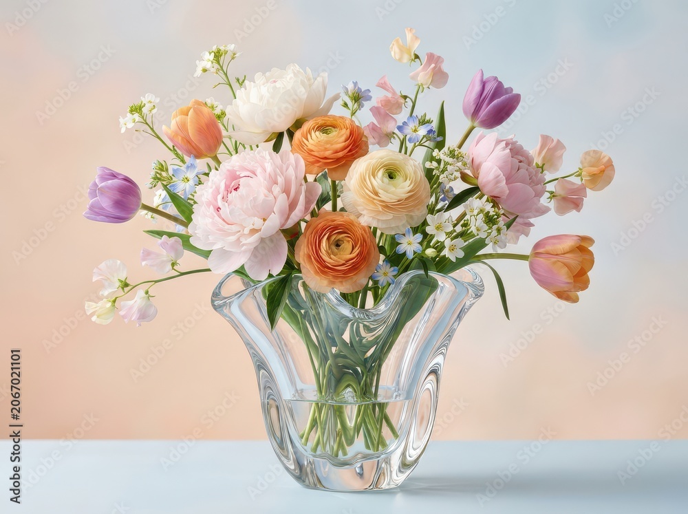 Obraz premium Vibrant spring flowers bouquet in clear glass vase