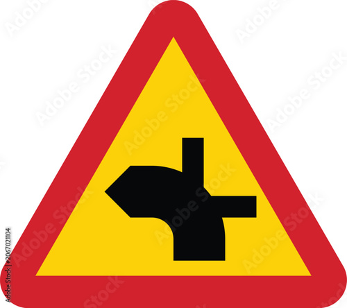 Road Intersection on Left Curve Warning Sign Sweden Style Vector Illustration