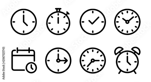 Vászonkép Minimalist Clock Icons Set, Time Management Symbols, Calendar and Stopwatch Vect