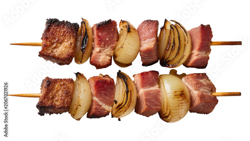 Fotografie Isolated savory grilled pork and onion shish kebab skewers, traditional BBQ food