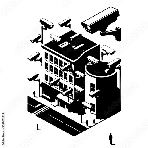 Isometric black and white vector illustration of a city street corner covered in CCTV cameras on every pole and wall, tiny human silhouette below