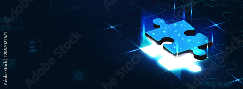Glowing digital puzzle piece rising from a dark blue grid