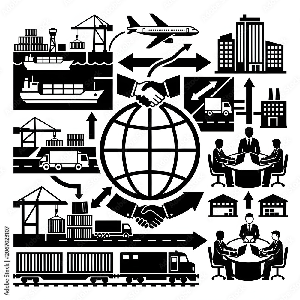 Obraz premium Clock surrounded by various city and transportation scenes.