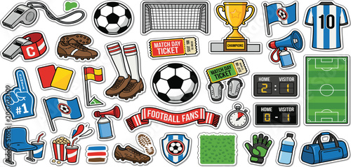 Football fan stickers in retro cartoon style. Soccer ball, goal net, trophy cup, tickets, whistle, jersey, socks and sport accessories. Match day graphics, soccer supporter elements