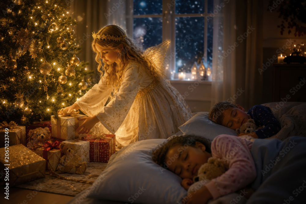 Naklejka premium Traditionelles Christkind legt heimlich Geschenke unter den Weihnachtsbaum, während Kinder friedlich schlafen und Weihnachten näher rückt.