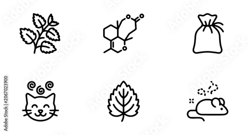 Catnip Icons: Plant, Chemical, Bag, Happy Cat, Leaf, Mouse, Vector Set