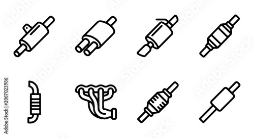 Photos Automotive Exhaust System Parts Icons, Car Muffler and Manifold Vector Set