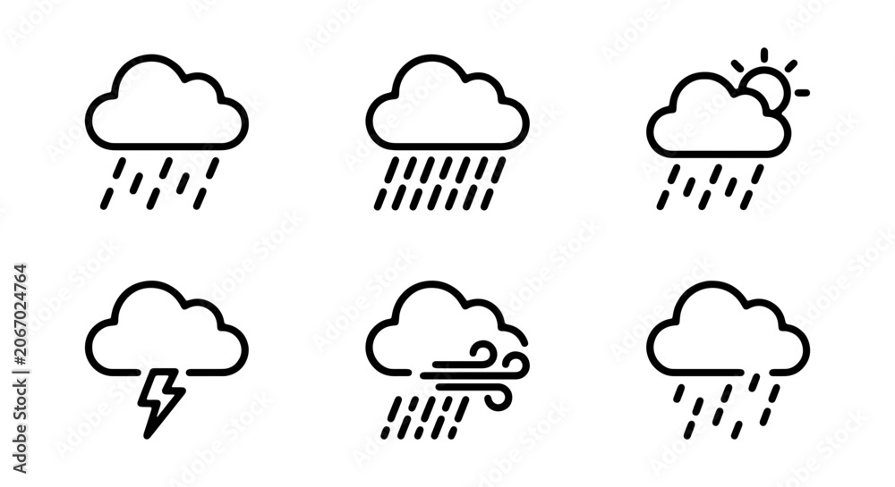 Obraz premium Weather Icons Set, Simple Cloud Symbols, Forecast Icons, Meteorology Icons, Rain, Sun, Storm, Wind