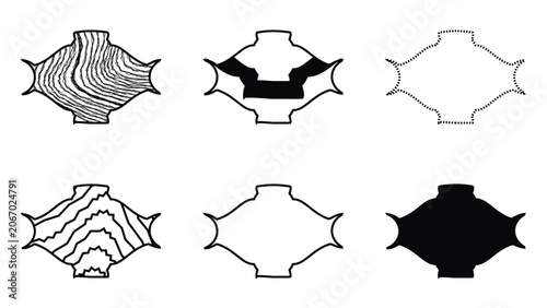 Set of Vector Sea Shell Illustrations with Decorative Broken Paper Frame Elements and Star Shapes