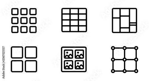 Grid Layout Icons, Arrangement Options, UI Elements, Data Visualization, Web Design