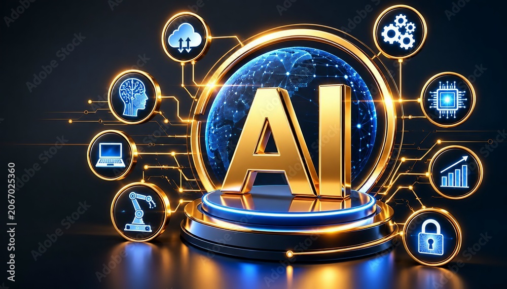 Fototapeta premium AI Technology Ecosystem with Global Digital Network and Automation Icons