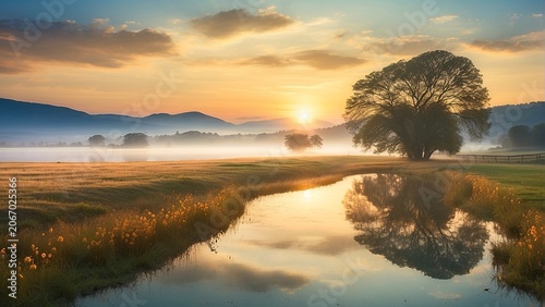 A serene landscape at dawn