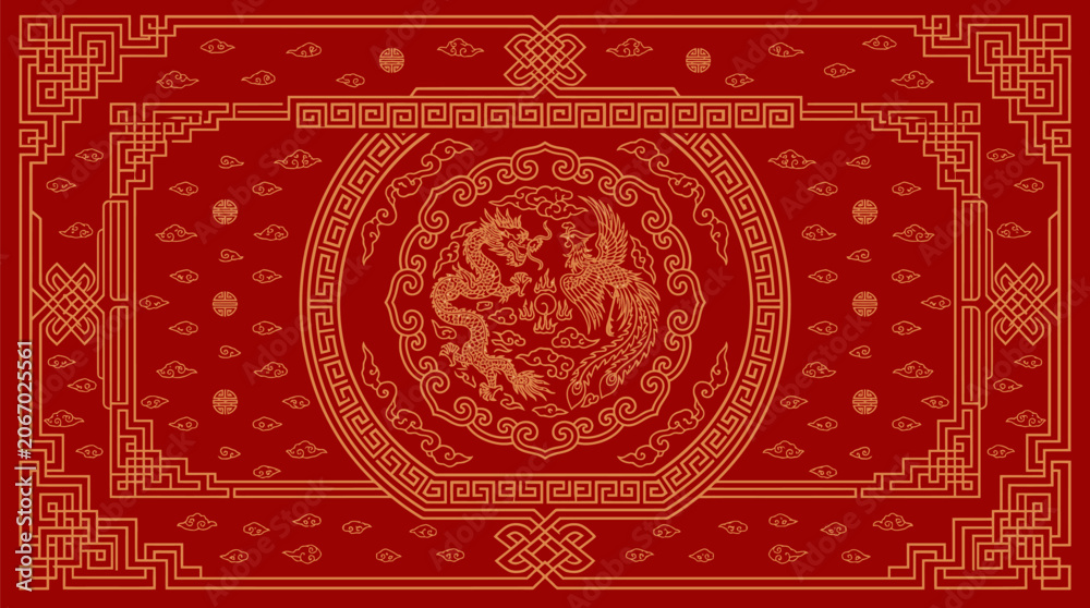 Fototapeta premium Chinese New Year Red Gold Dragon Phoenix Border Illustration