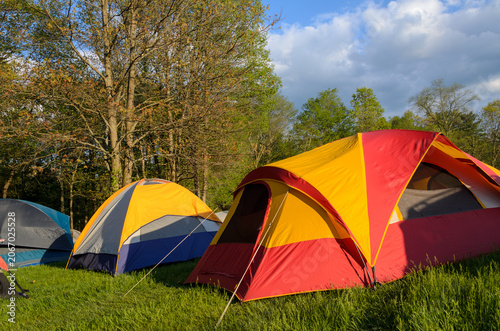Colorful Camping Tents In Forest Campground At Sunset
