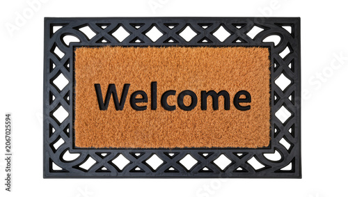 Bild auf Leinwand Isolated rustic natural coir Welcome doormat with black rubber decorative patter