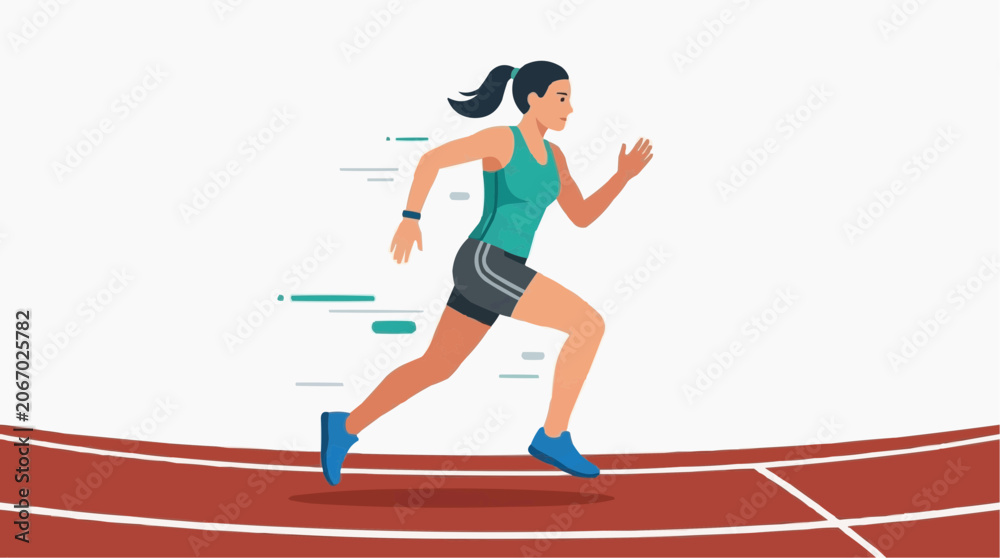 Fototapeta premium Female athlete running on a track with motion lines indicating speed and determination Isolated on white background