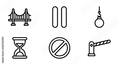 Tableau sur toile Set of 6 Vector Icons: Bridge, Pause, Wrecking Ball, Hourglass, Stop Sign, Barri