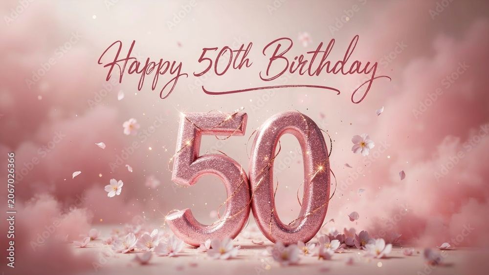 Obraz premium Happy 50th Birthday Pink Glitter Number with Soft Clouds