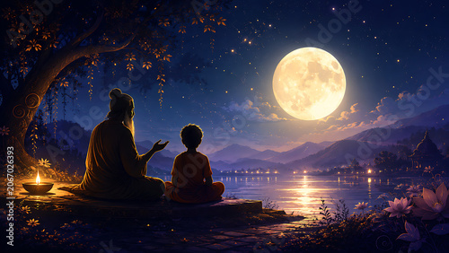 Guru purnima hindu religious festival greeting with guru teaching child beside glowing full moon lake lotus flowers and peaceful night mountains background