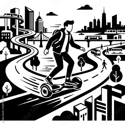 Businessman running on a clock face with city skyline.