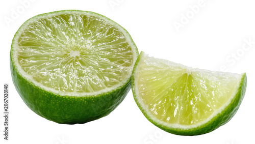 Fotografie Isolated fresh vibrant green lime fruit cut in half and a wedge, rich in vitamin