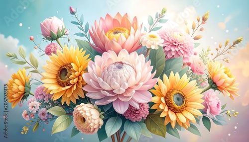 Vibrant watercolor painting of colorful flowers.