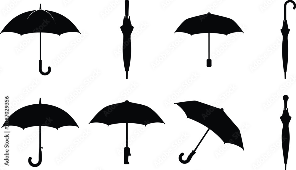 Obraz premium Classic open and closed rain umbrella types black solid silhouette vector icon set isolated on white background