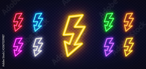 Set of 9 neon lightning bolt icons with downward arrow tip in yellow, red, blue, green, orange, pink and purple on dark transparent background.