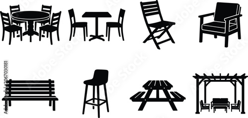 Outdoor patio furniture sets and garden wooden table chairs black solid silhouette vector icon set